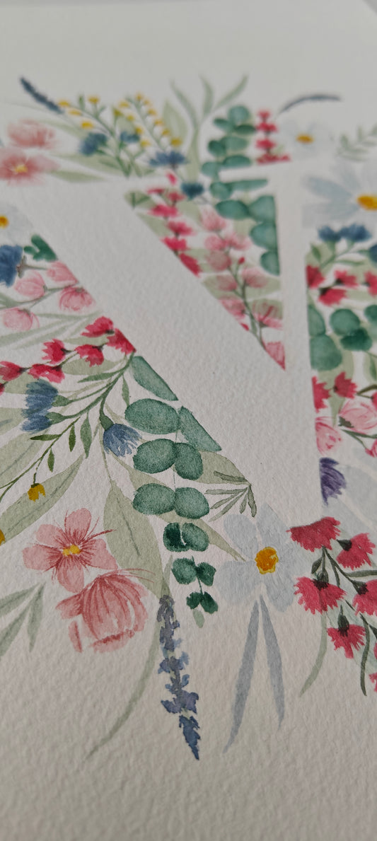 Watercolour monogram 'V' - Flower Bouquet