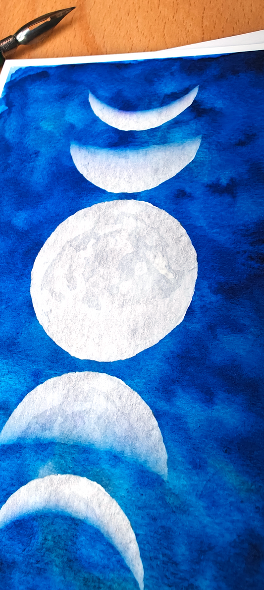 Artistic depiction of lunar phases on a blue watercolor background