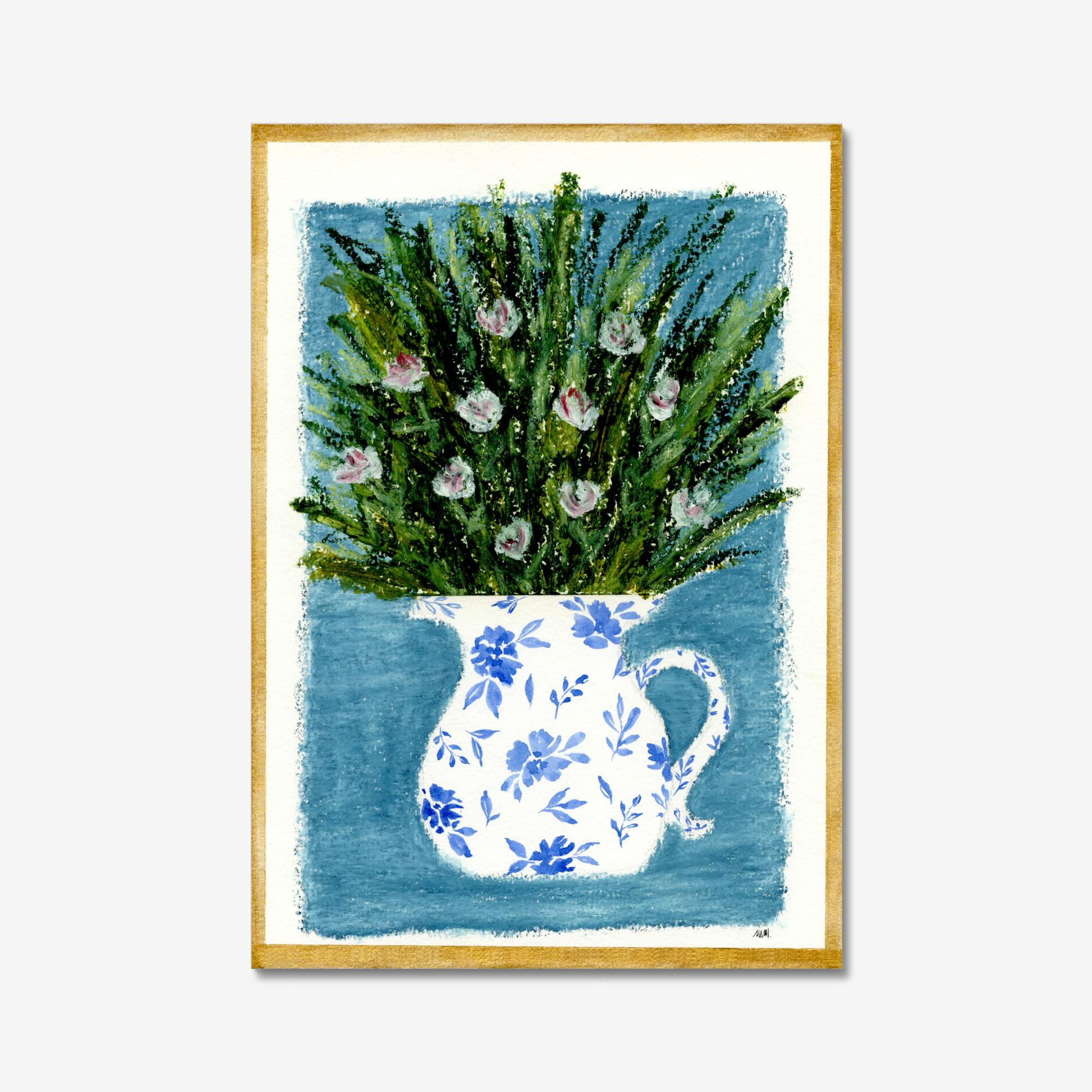 Framed artwork of a floral arrangement in a blue and white pitcher on a light blue background and a gold frame. Made with oil pastels.