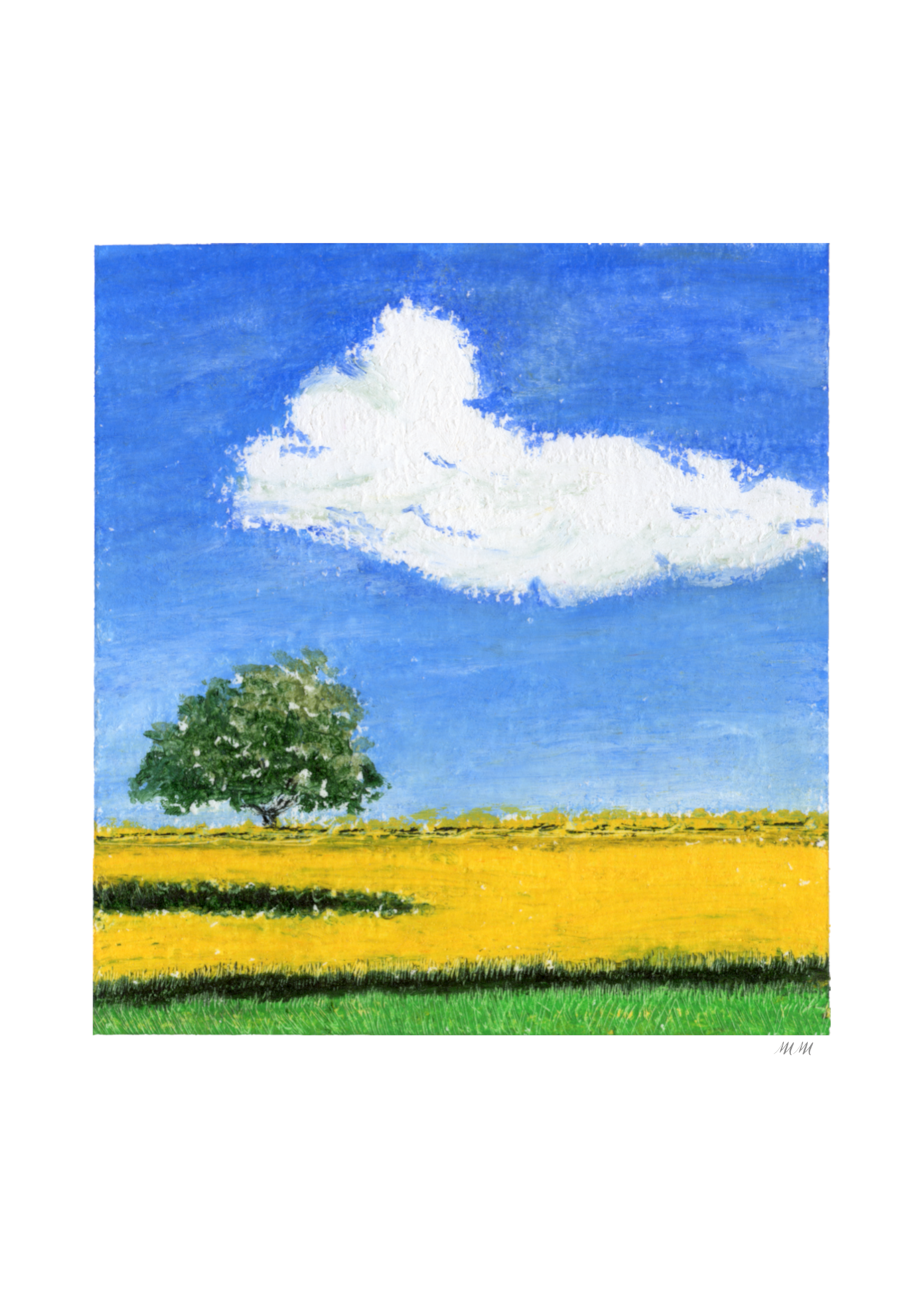 Painting of a tree in a field with a blue sky and white cloud. Made with oil pastels.