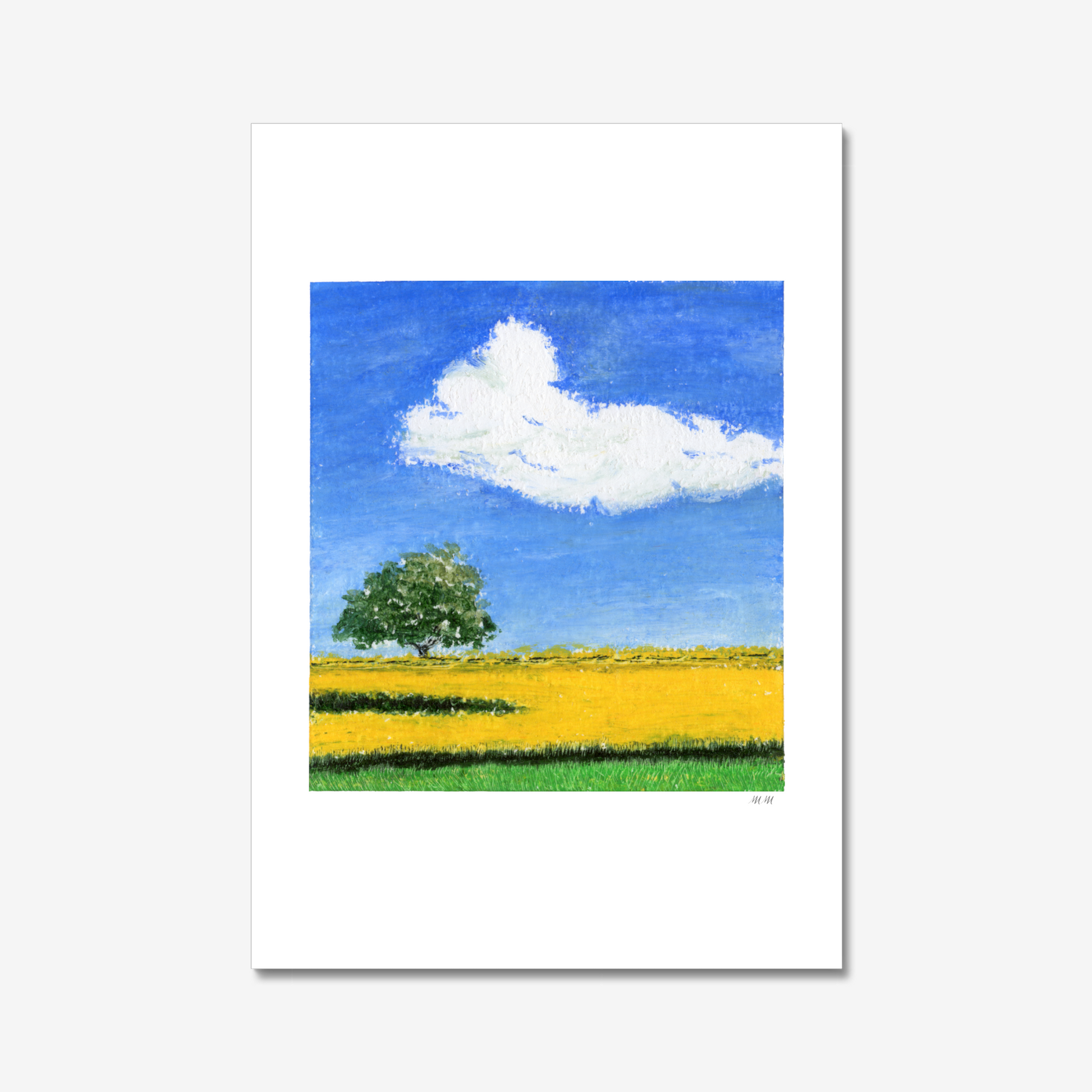 Painting of a tree in a field with a blue sky and white cloud. Made with oil pastels.