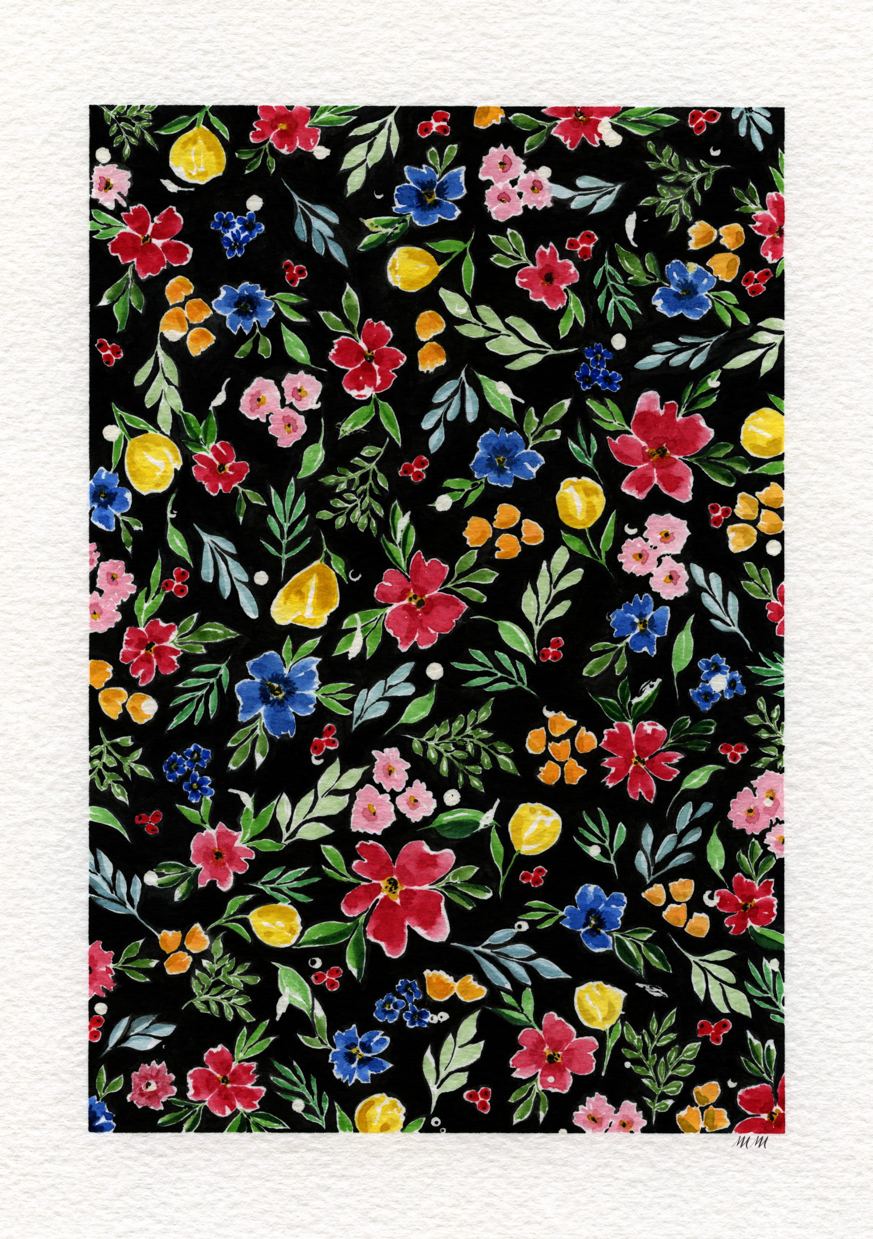 Floral pattern with colourful flowers on a black background. Made with watercolours.