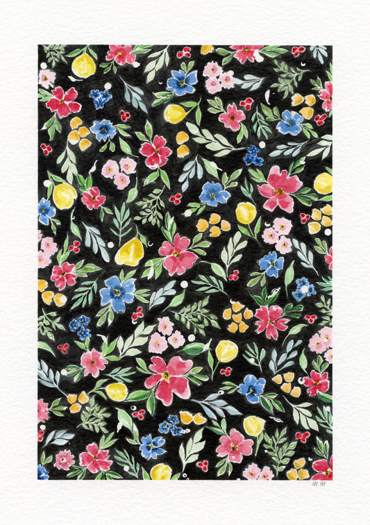 Floral pattern with colourful flowers on a black background. Made with watercolours.