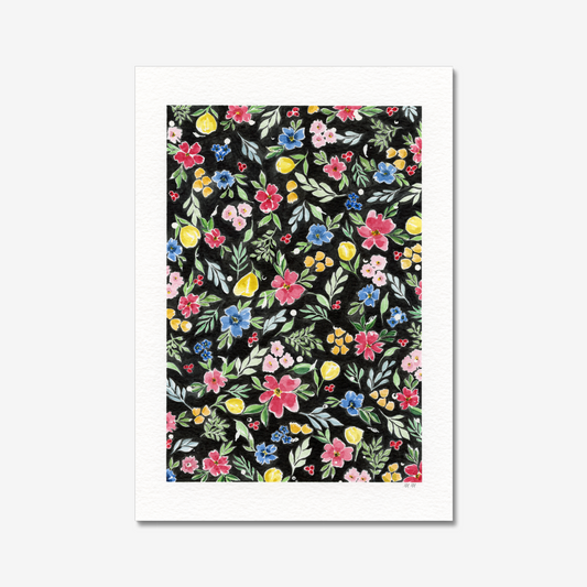 Floral pattern with colourful flowers on a black background. Made with watercolours.