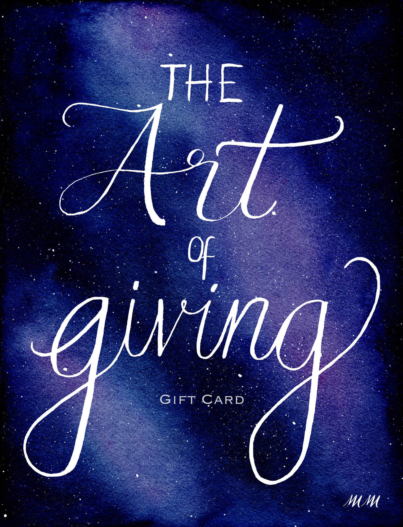 Gift card with 'The Art of Giving' text on a blue starry background