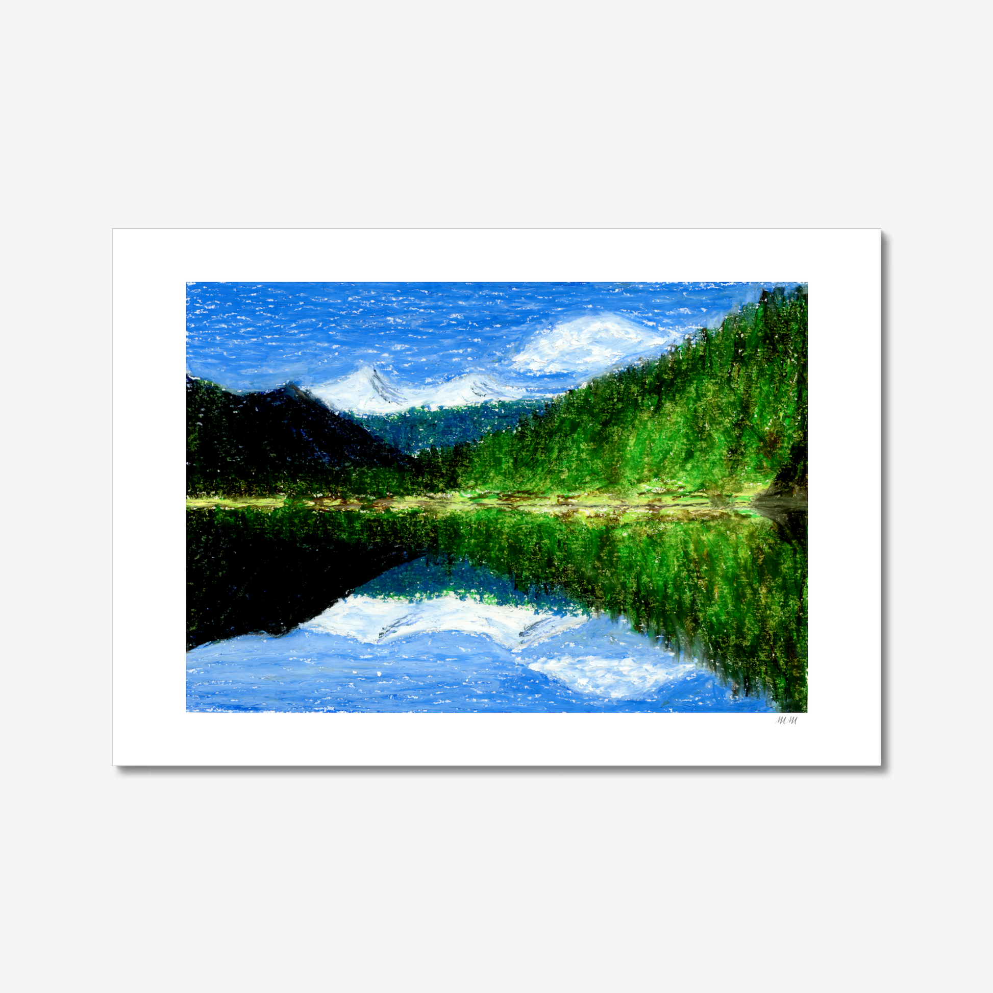 Artwork of a landscape with a lake, trees, and mountains. Made with oil pastels.