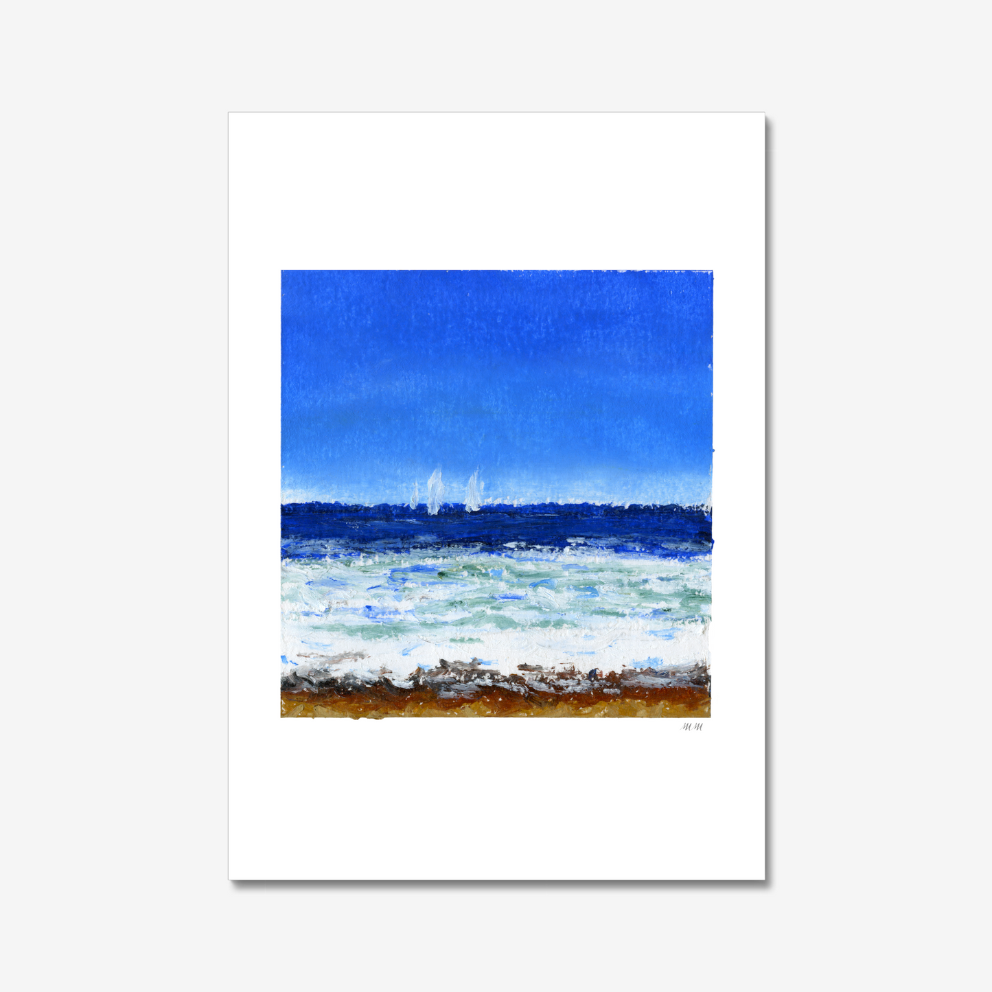 Art print of a coastal scene with blue sky and ocean with waves and sailboats. Made with oil pastels.