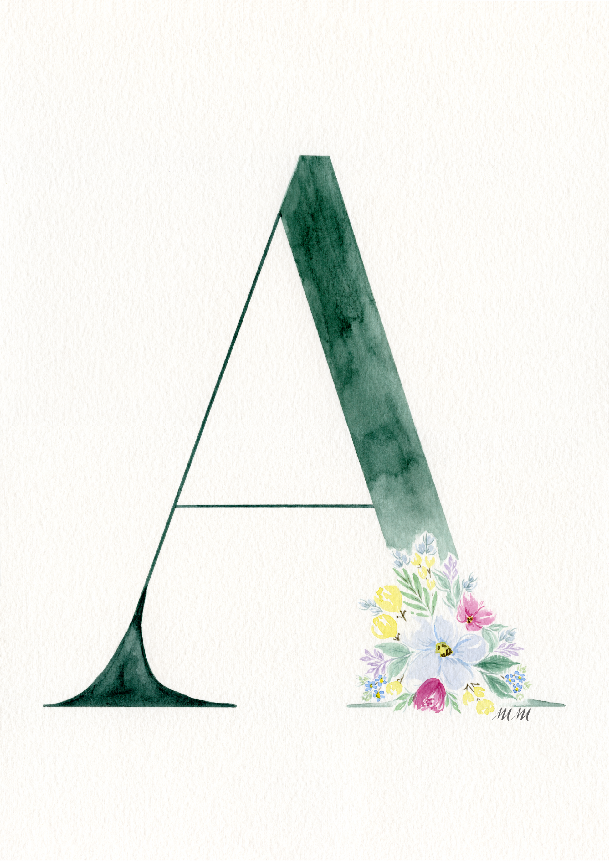 Letter 'A' with a floral design on a white background. Made with watercolours.