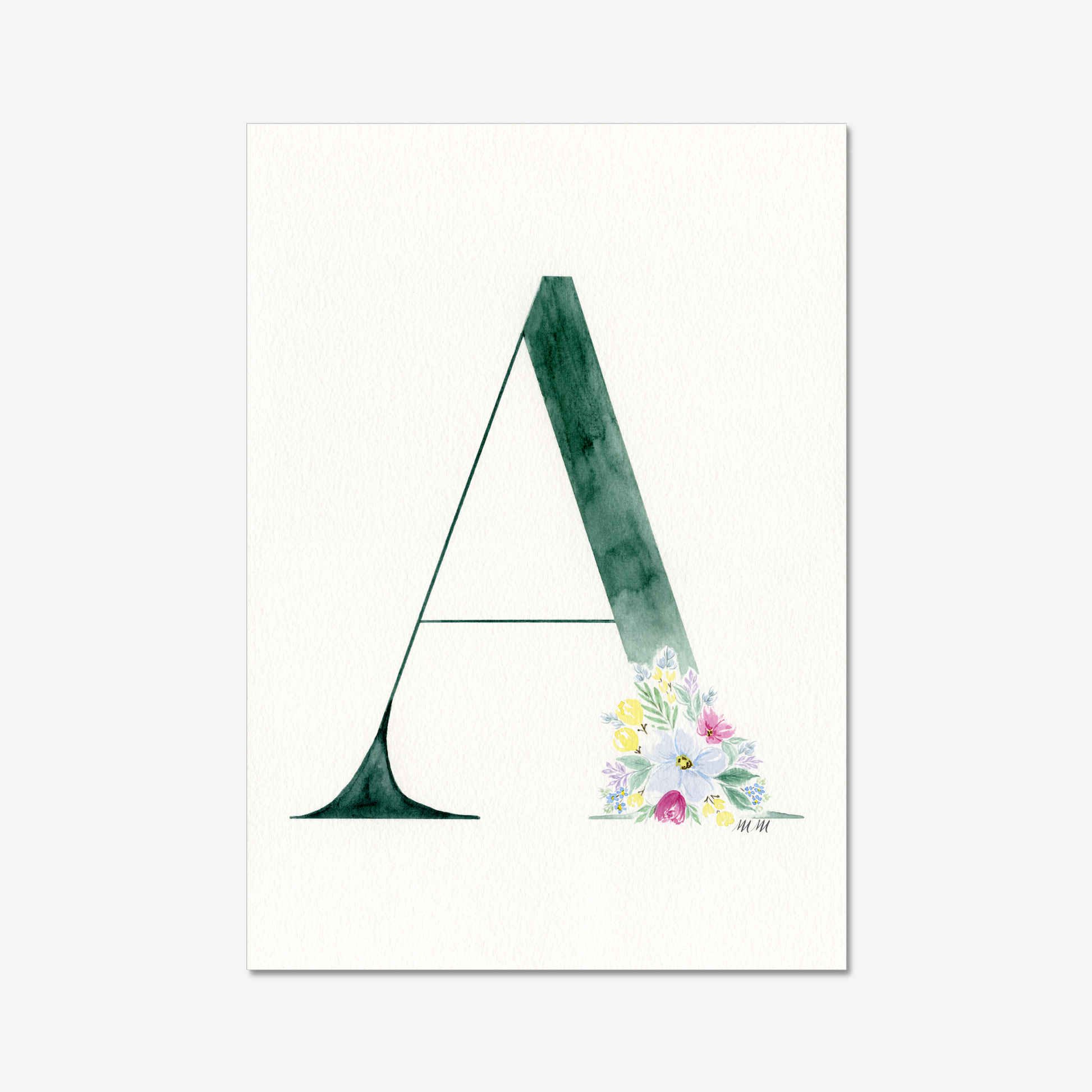 Letter 'A' with a floral design on a white background. Made with watercolours.