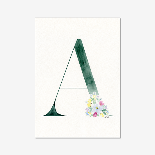 Letter 'A' with a floral design on a white background. Made with watercolours.