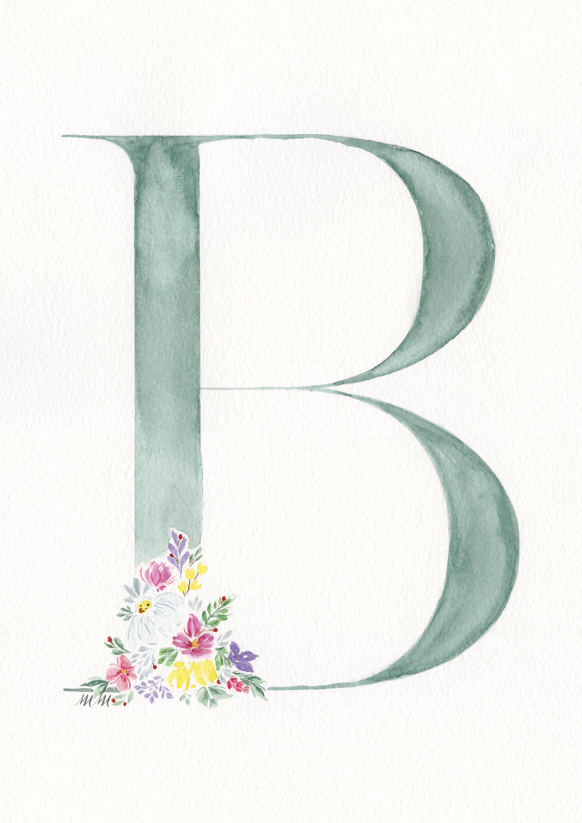 Green letter 'B' with floral design on a white background. Made with watercolours.