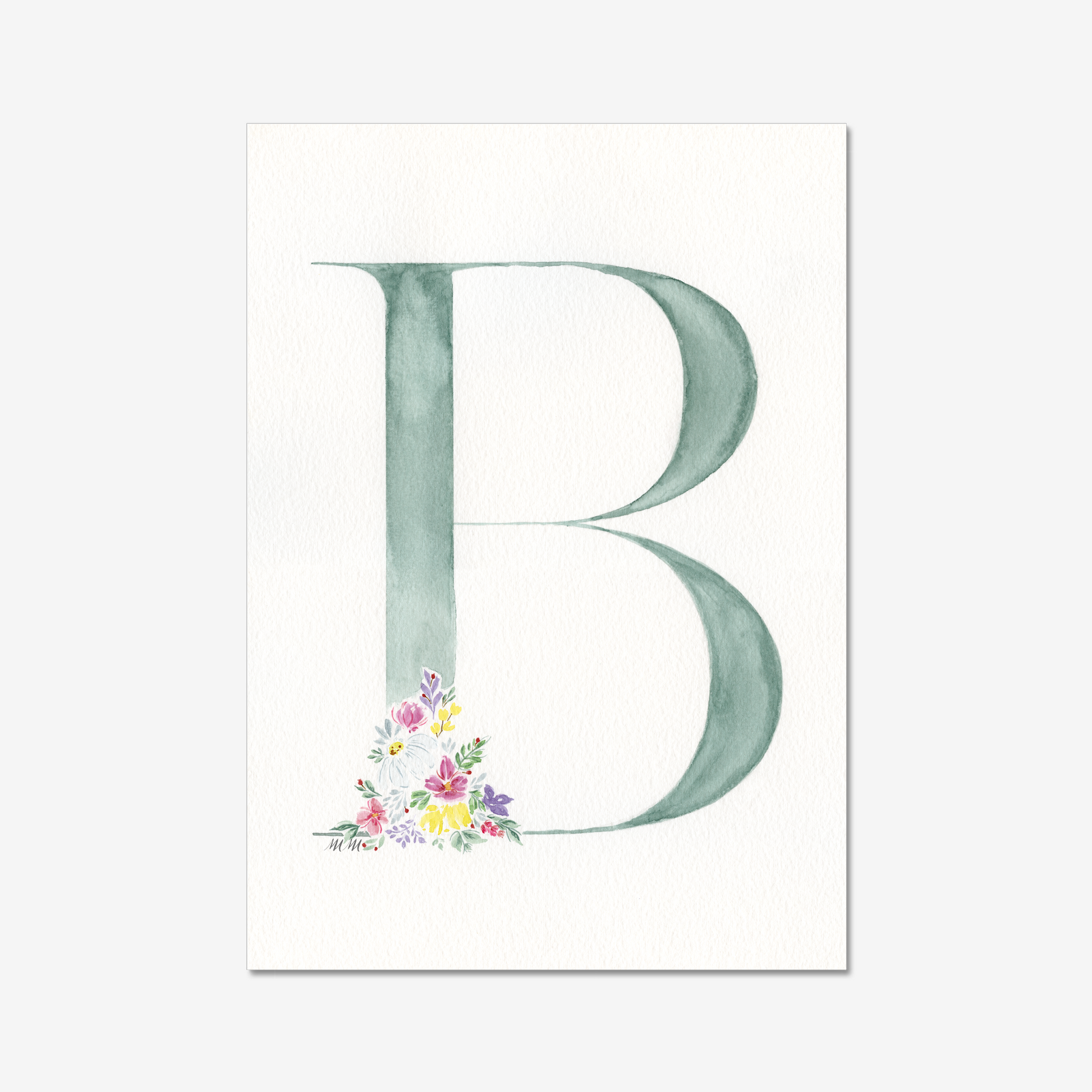 Letter 'B' with floral design on a white background. Made with watercolours.