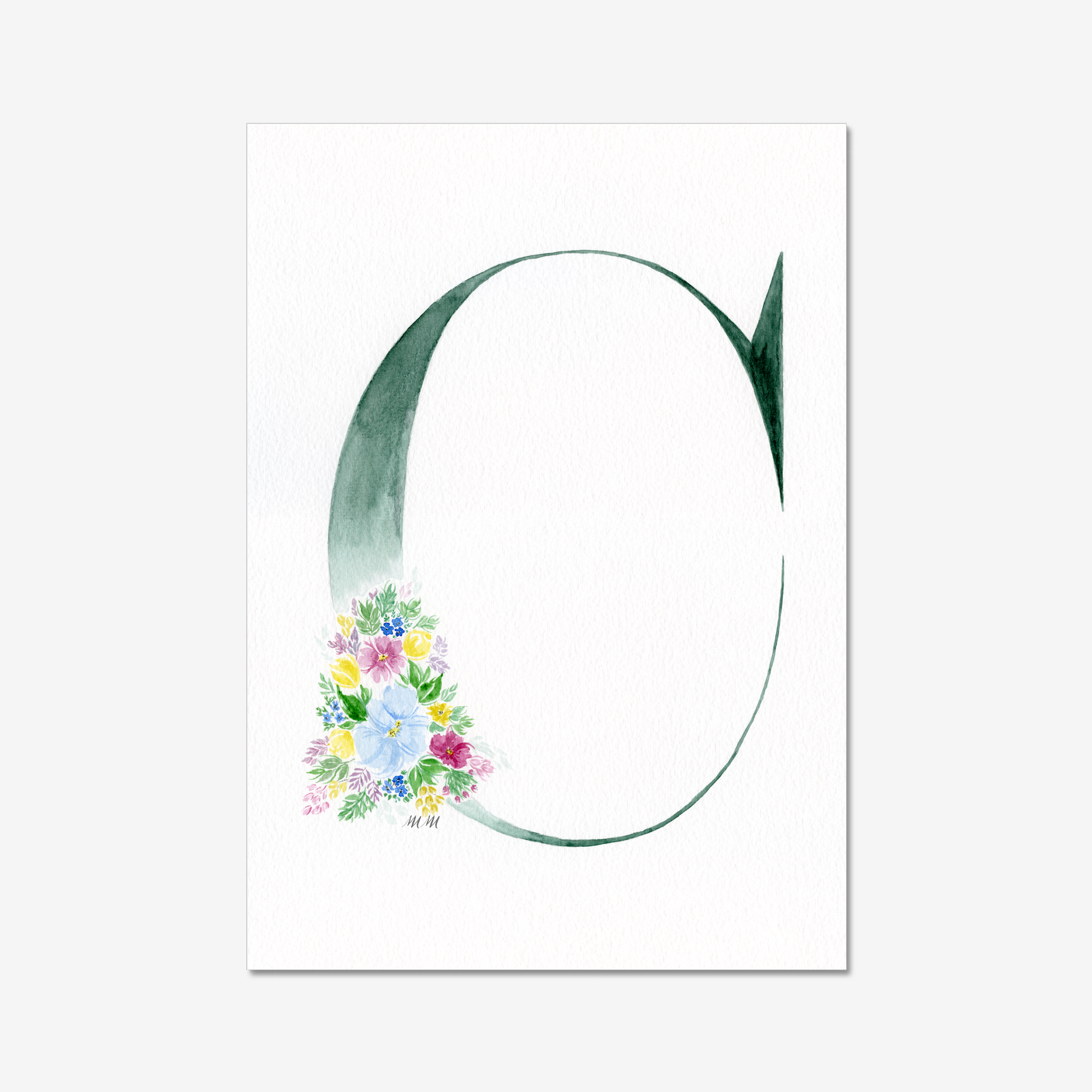Letter 'C' with floral design on a white background. Made with watercolours.