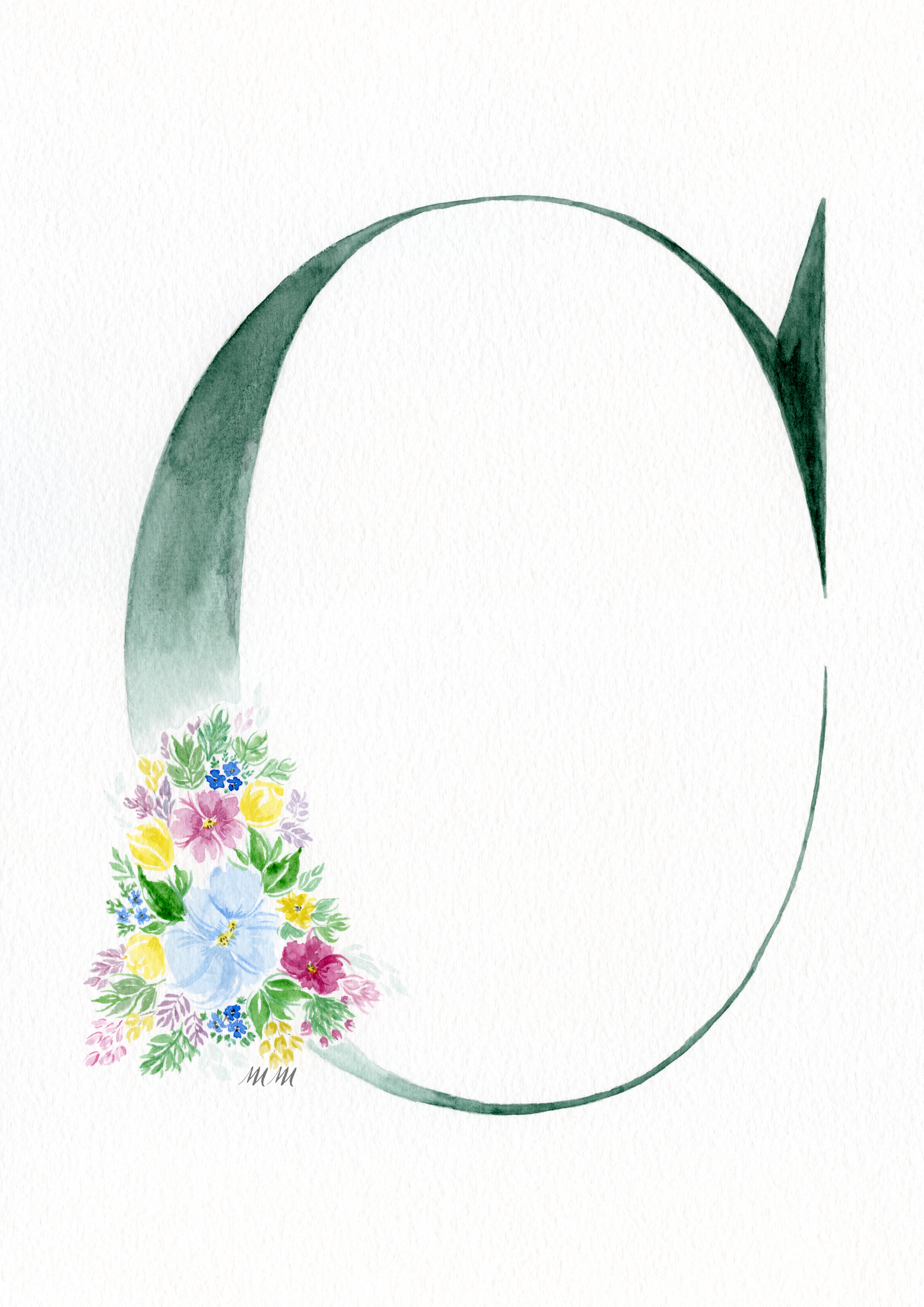 Letter 'C' with floral design on a white background. Made with watercolours.