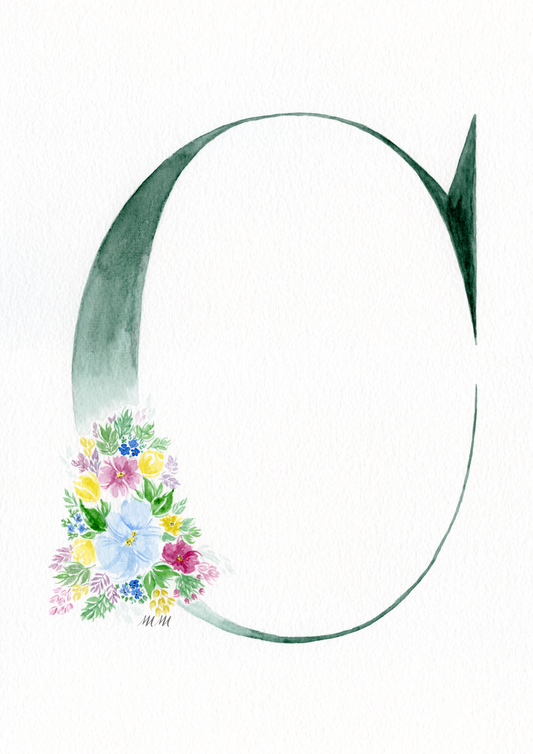 Letter 'C' with floral design on a white background. Made with watercolours.