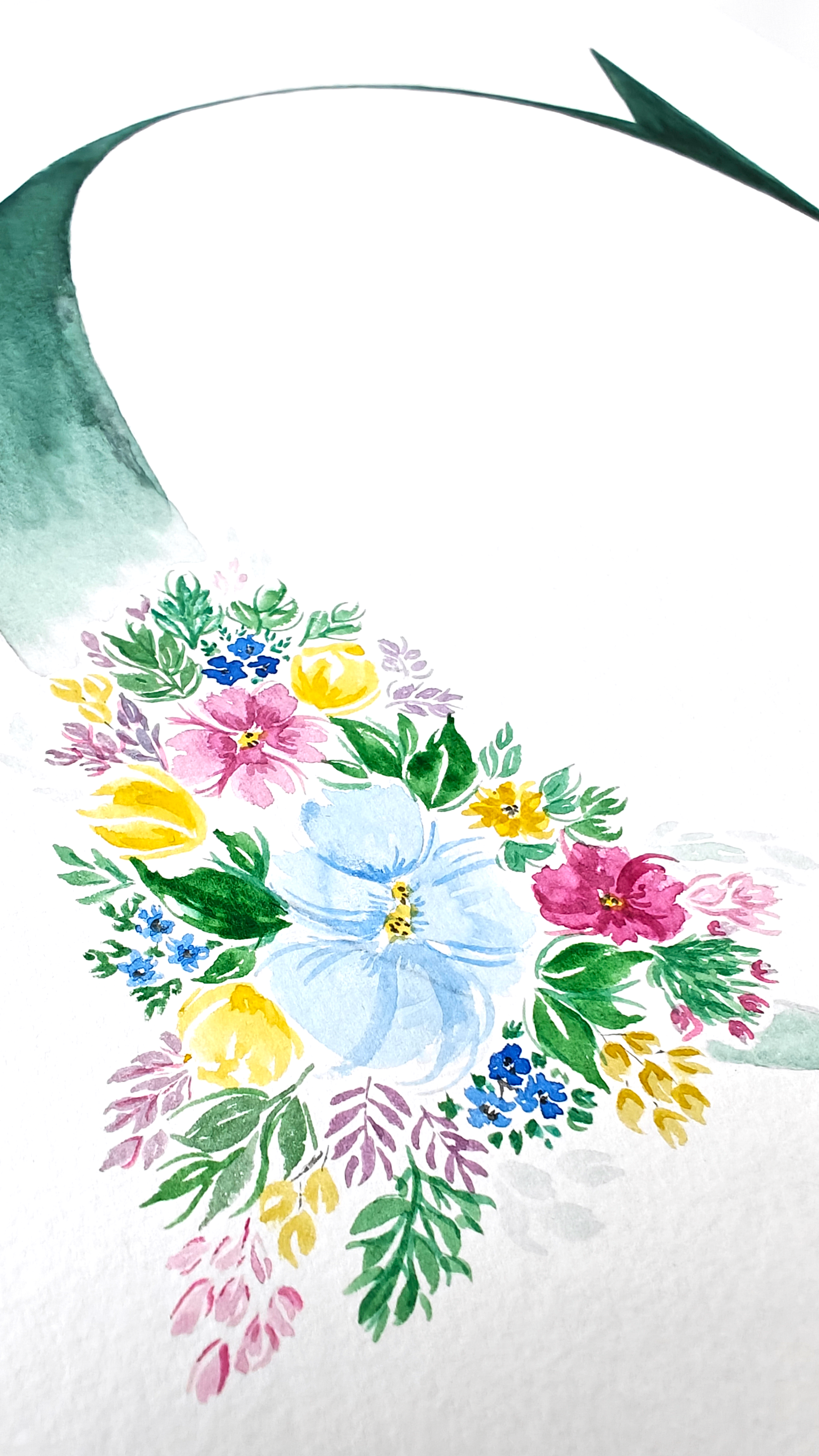 Detailed closeup of letter 'D' with floral design on a white background. Made with watercolours.