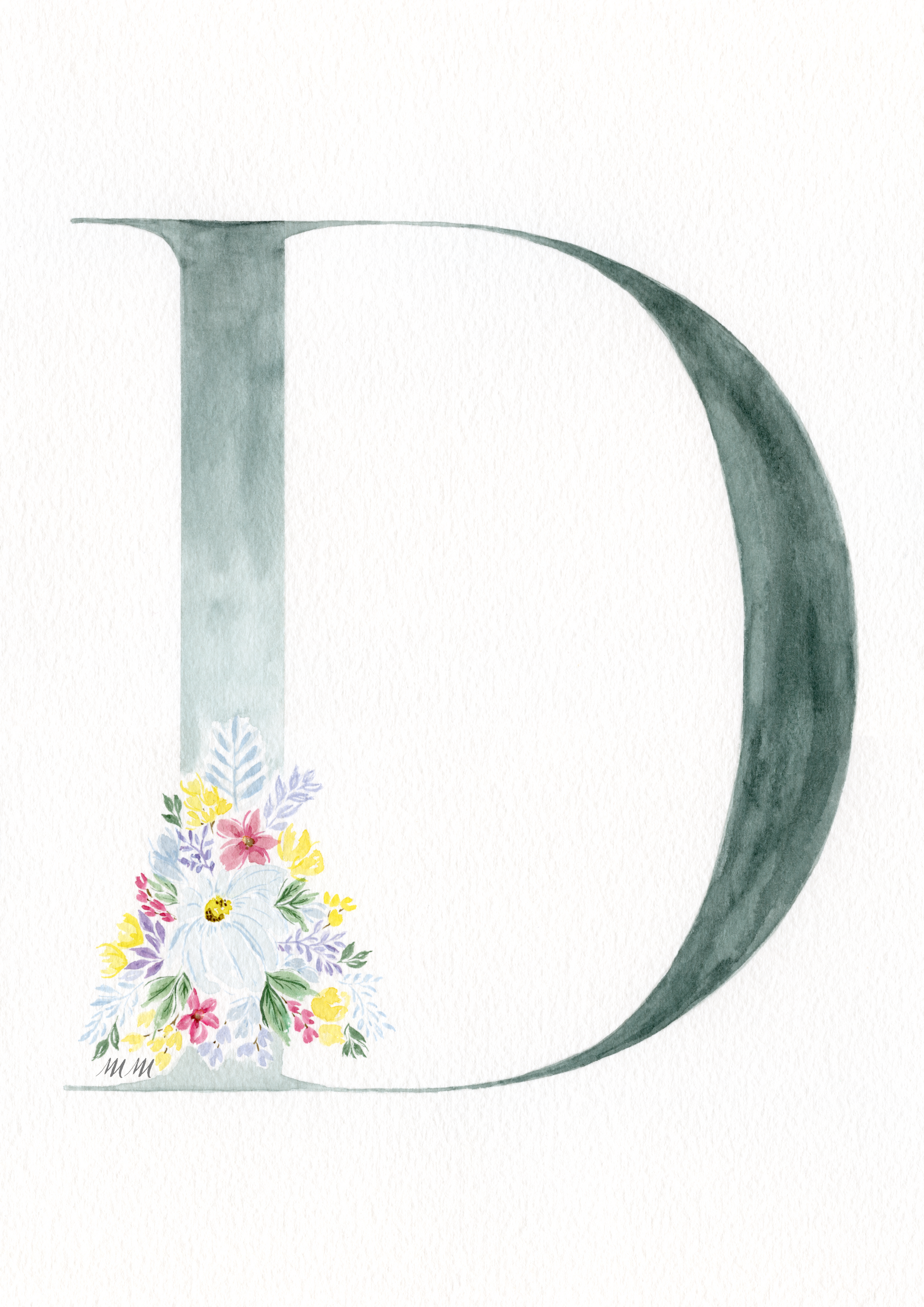 Letter 'D' with floral design on a white background. Made with watercolours.