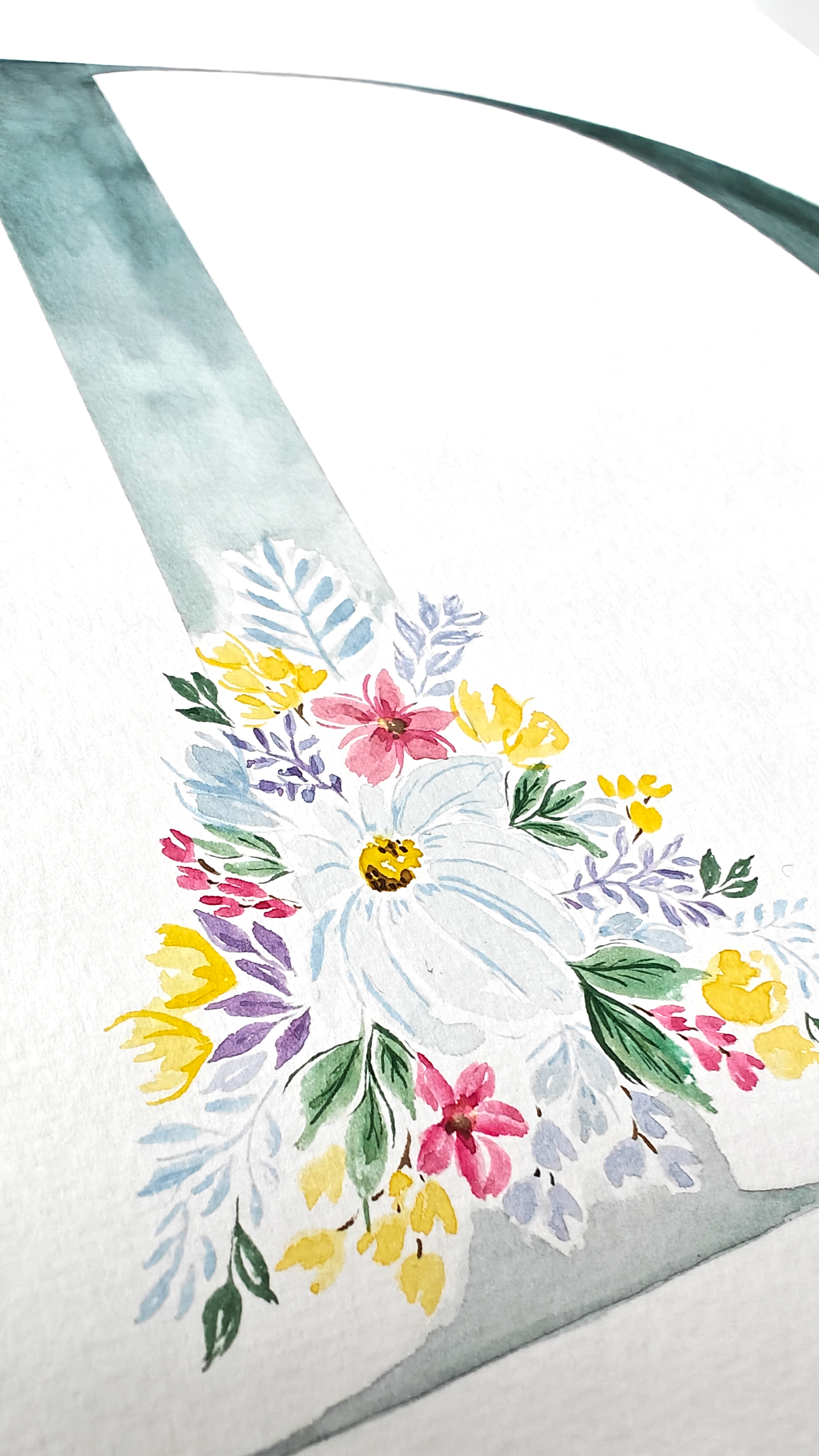 Detailed closeup of Letter 'D' with floral design on a white background. Made with watercolours.