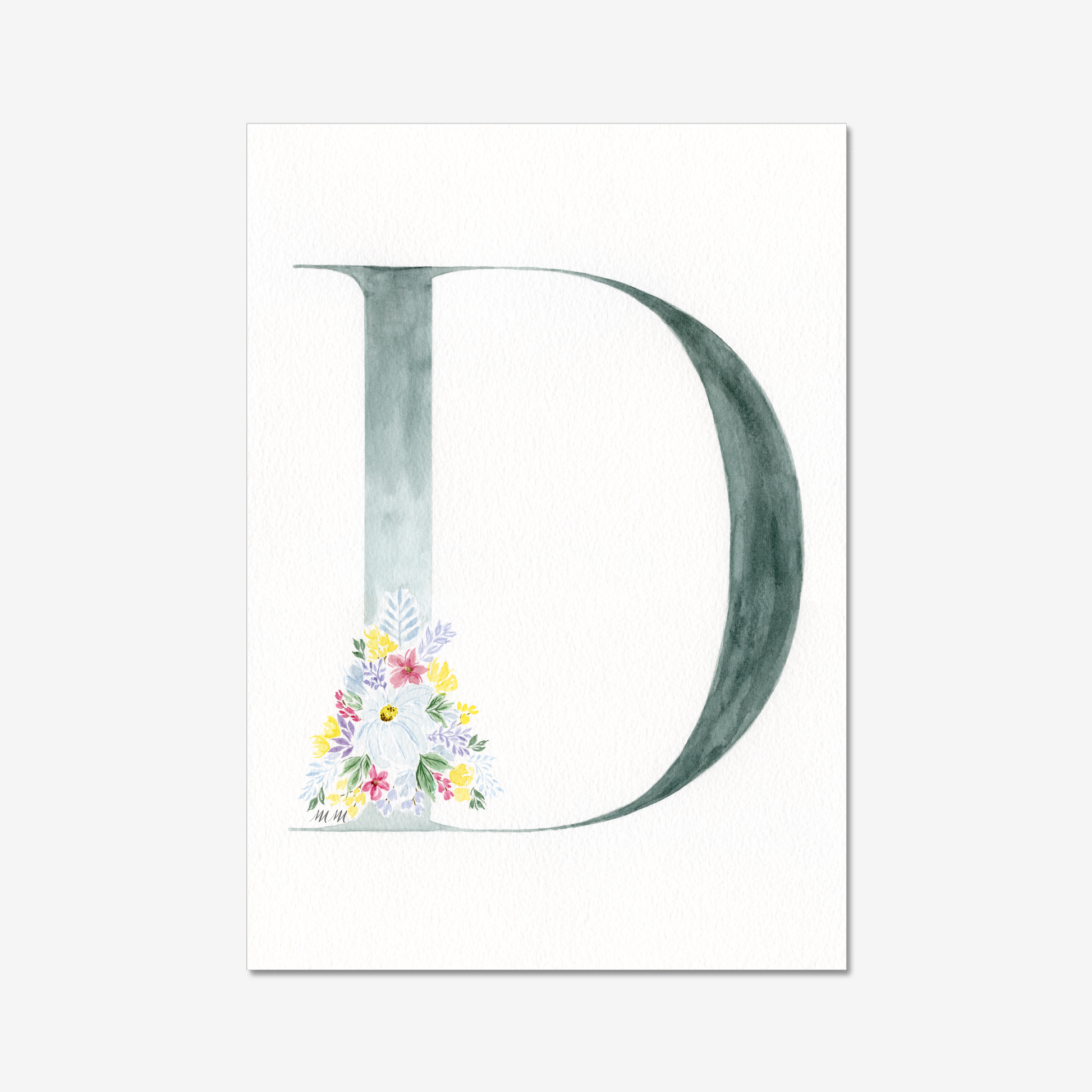 Letter 'D' with floral design on a white background. Made with watercolours.