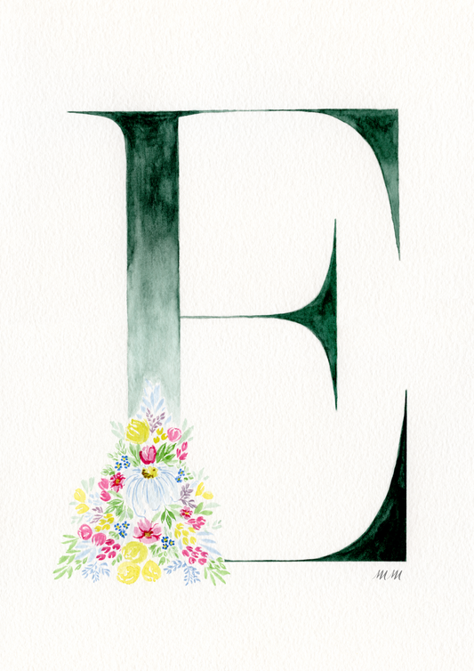 Letter 'E' with floral design on a white background. Made with watercolours.