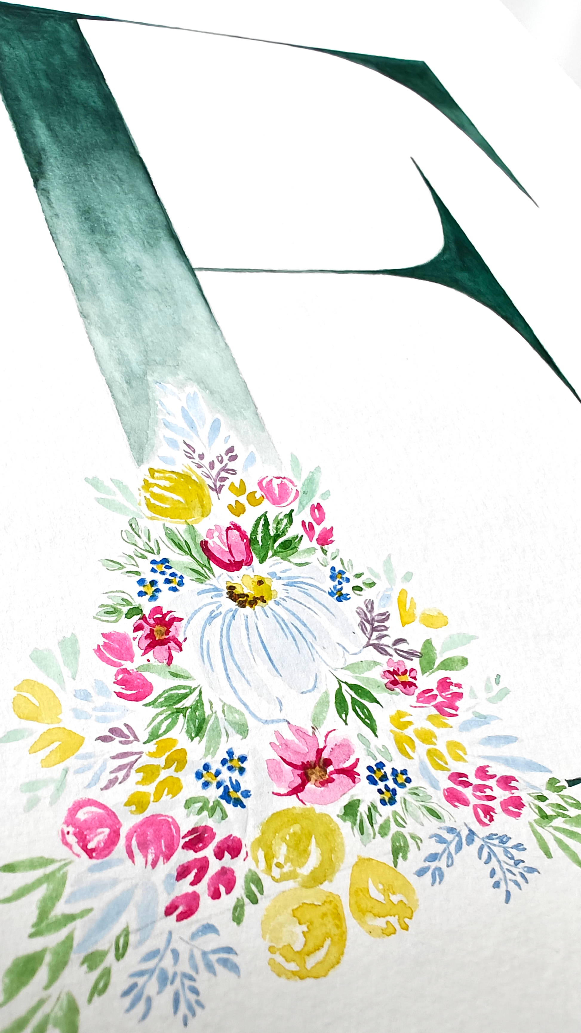 Closeup detail of colourful floral design on a white background. Made with watercolours.