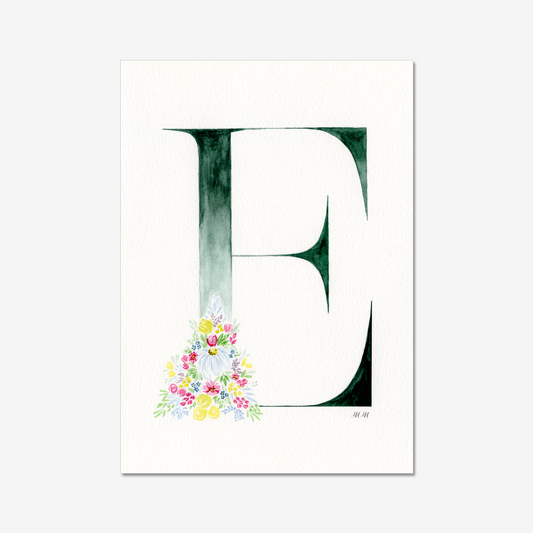Letter 'E' with floral design on a white background. Made with watercolours.