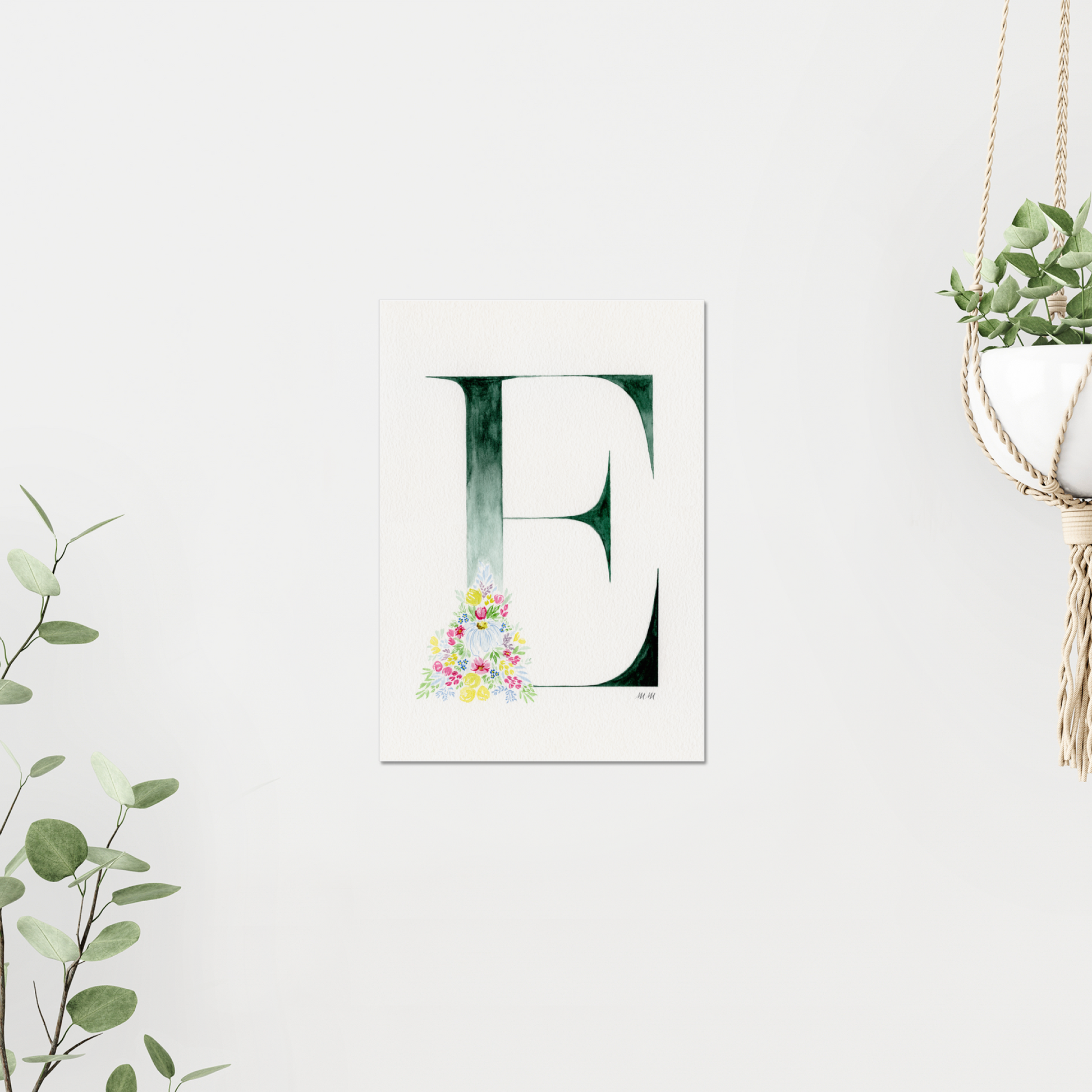Decorative letter 'E' with floral design on a white background, on white wall, surrounded by plants. Made in watercolours.