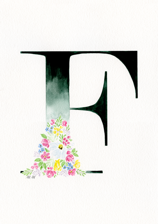 Letter 'F' with floral design on a white background. Made with watercolours.