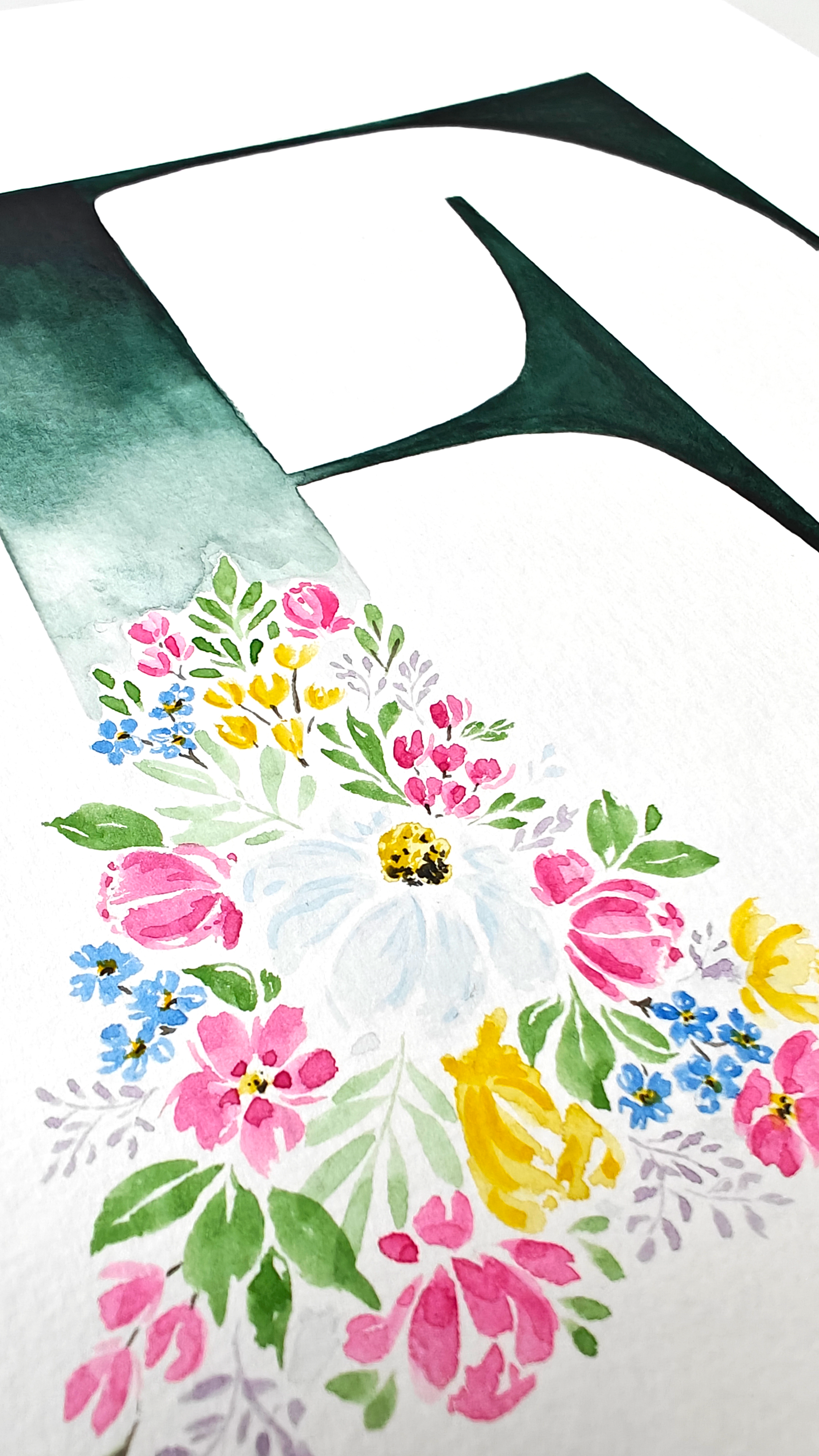 Closeup of detail of letter 'F' with floral design on a white background. Made in watercolours.
