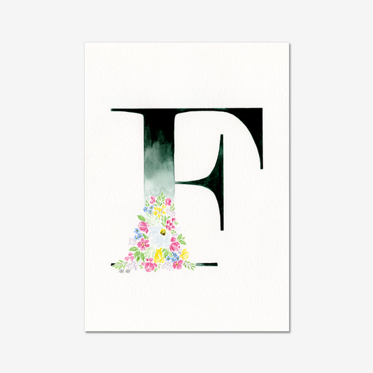 Letter 'F' with floral design on a white background. Made with watercolours.
