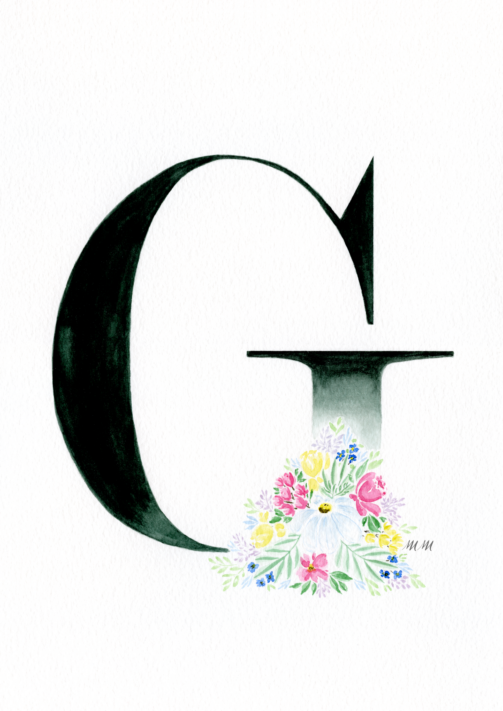 Letter 'G' with floral design on a white background. Made in watercolours.