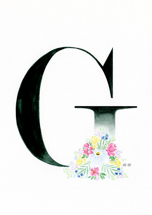 Letter 'G' with floral design on a white background. Made in watercolours.