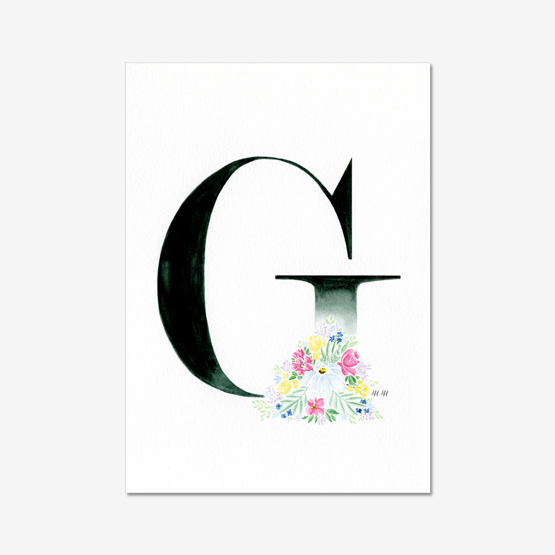Letter 'G' with floral design on a white background. Made in watercolours.