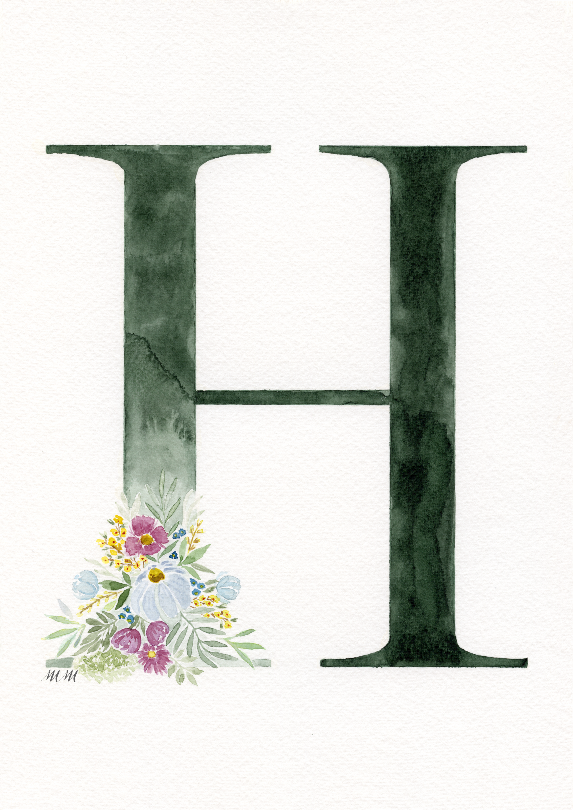Letter 'H' with floral design on a white background. Made with watercolours.