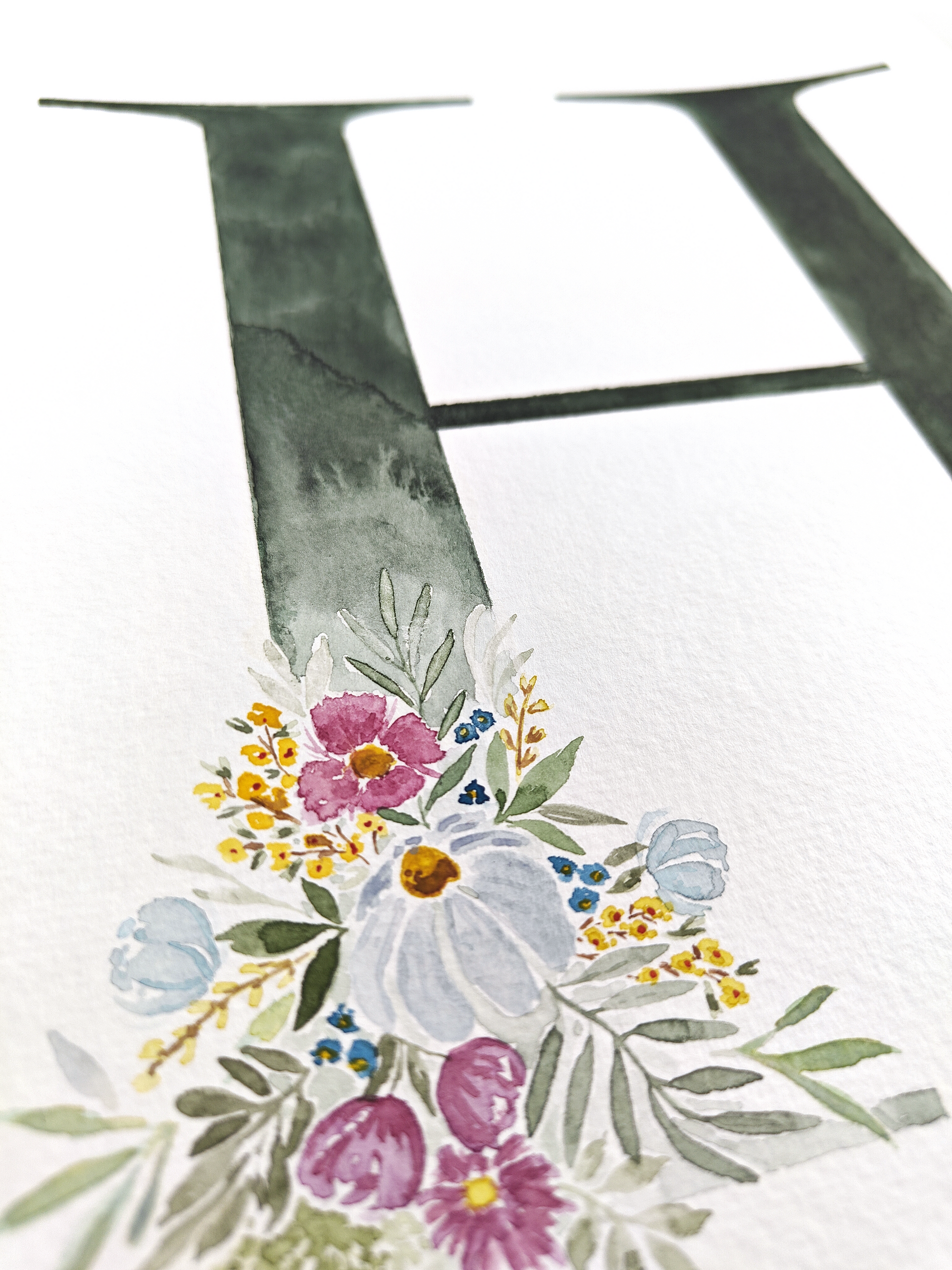 Closeup of flower details of letter H. Made with watercolours.