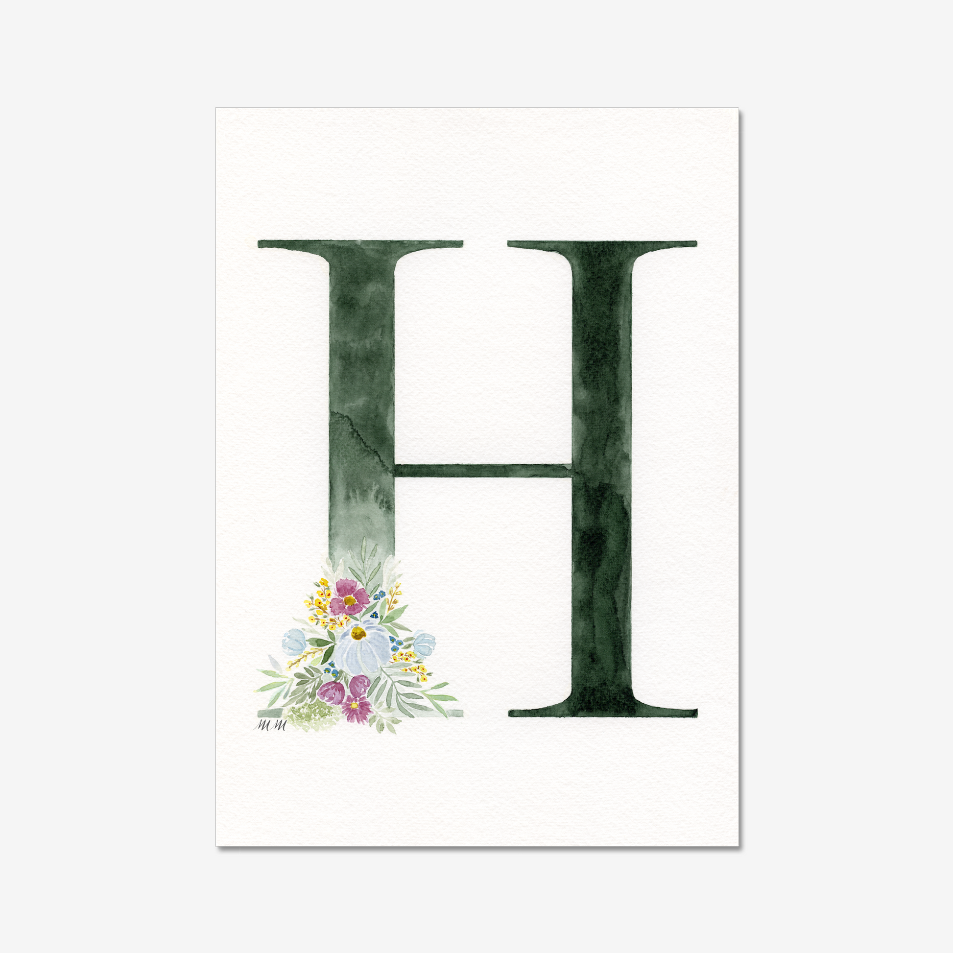 Letter 'H' with floral design on a white background. Made with watercolours.