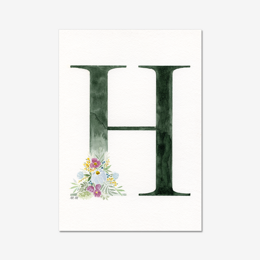 Letter 'H' with floral design on a white background. Made with watercolours.