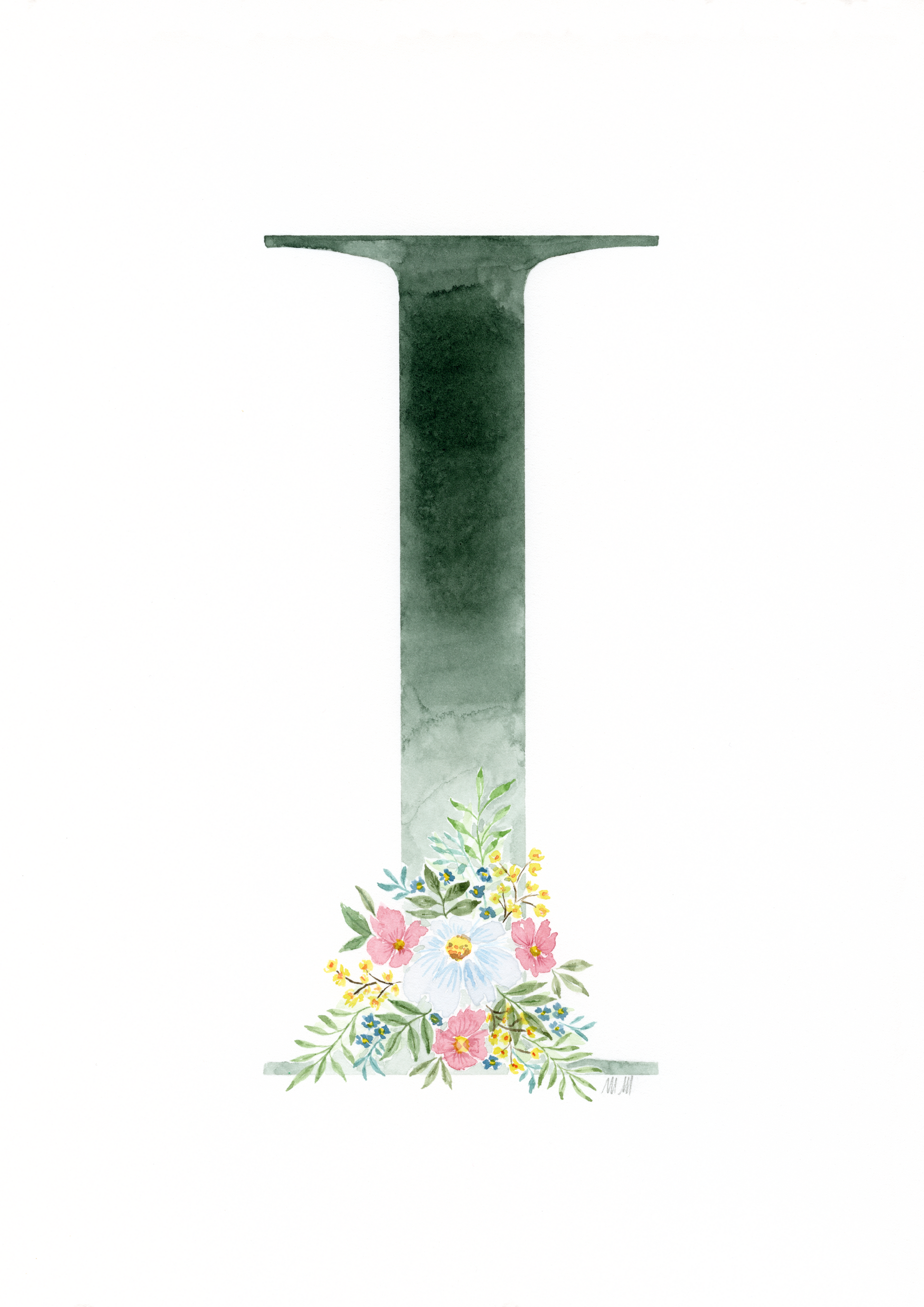 Decorative letter 'I' with floral design on a white background. Made with watercolours.