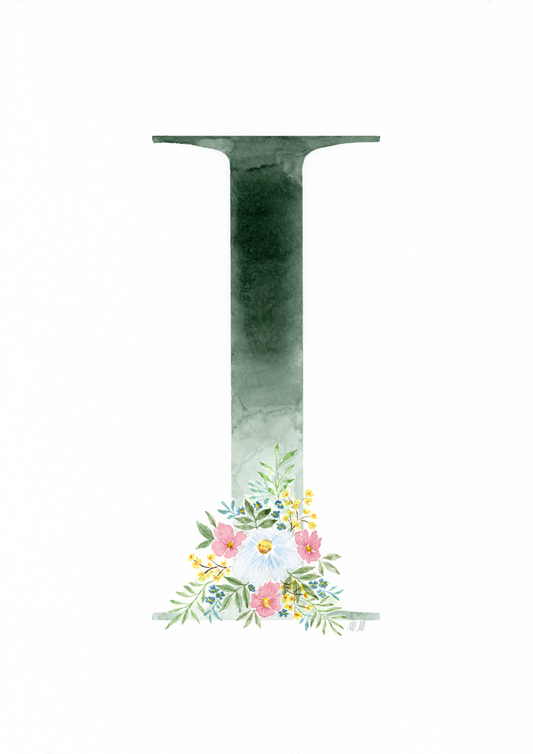 Decorative letter 'I' with floral design on a white background. Made with watercolours.