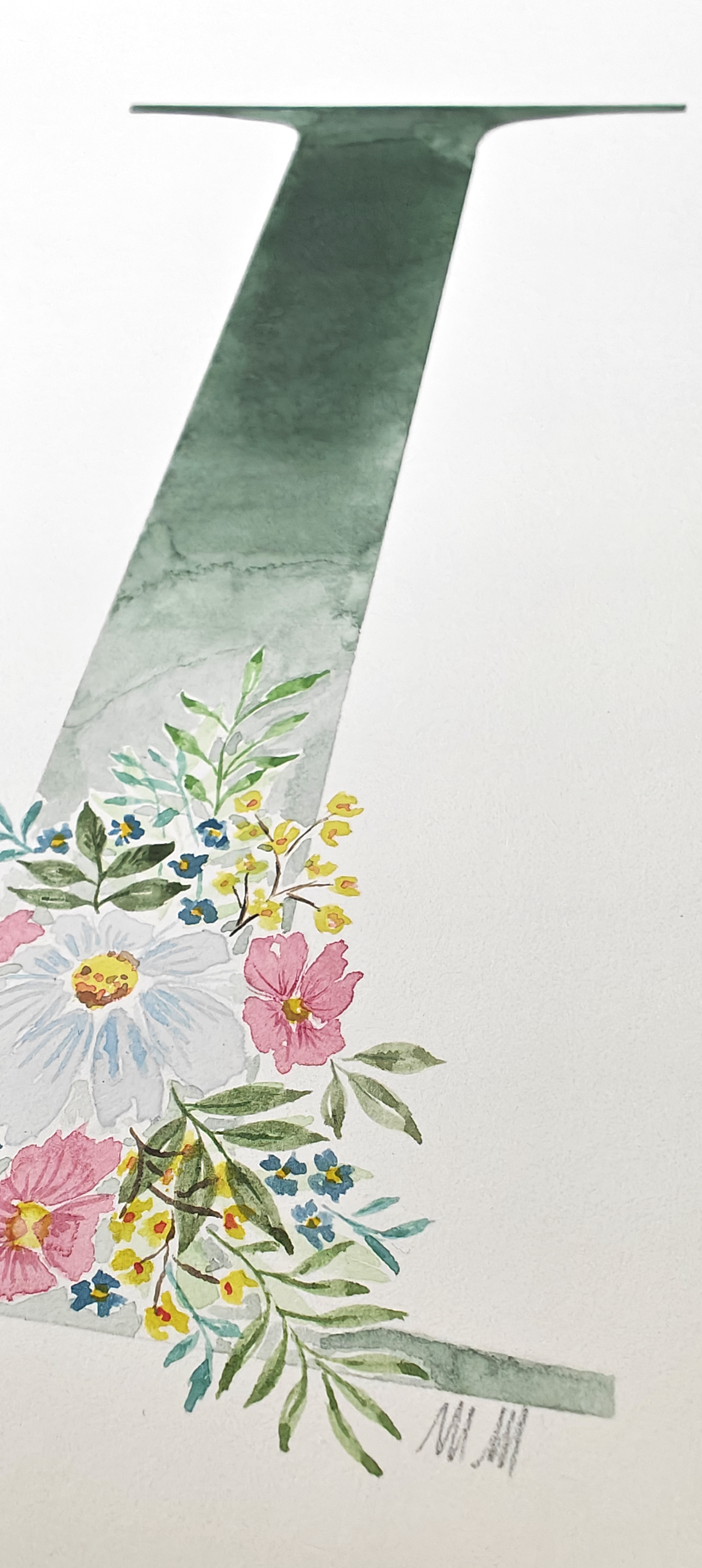 Detailed closeup letter 'I' with floral design on a white background. Made with watercolours.