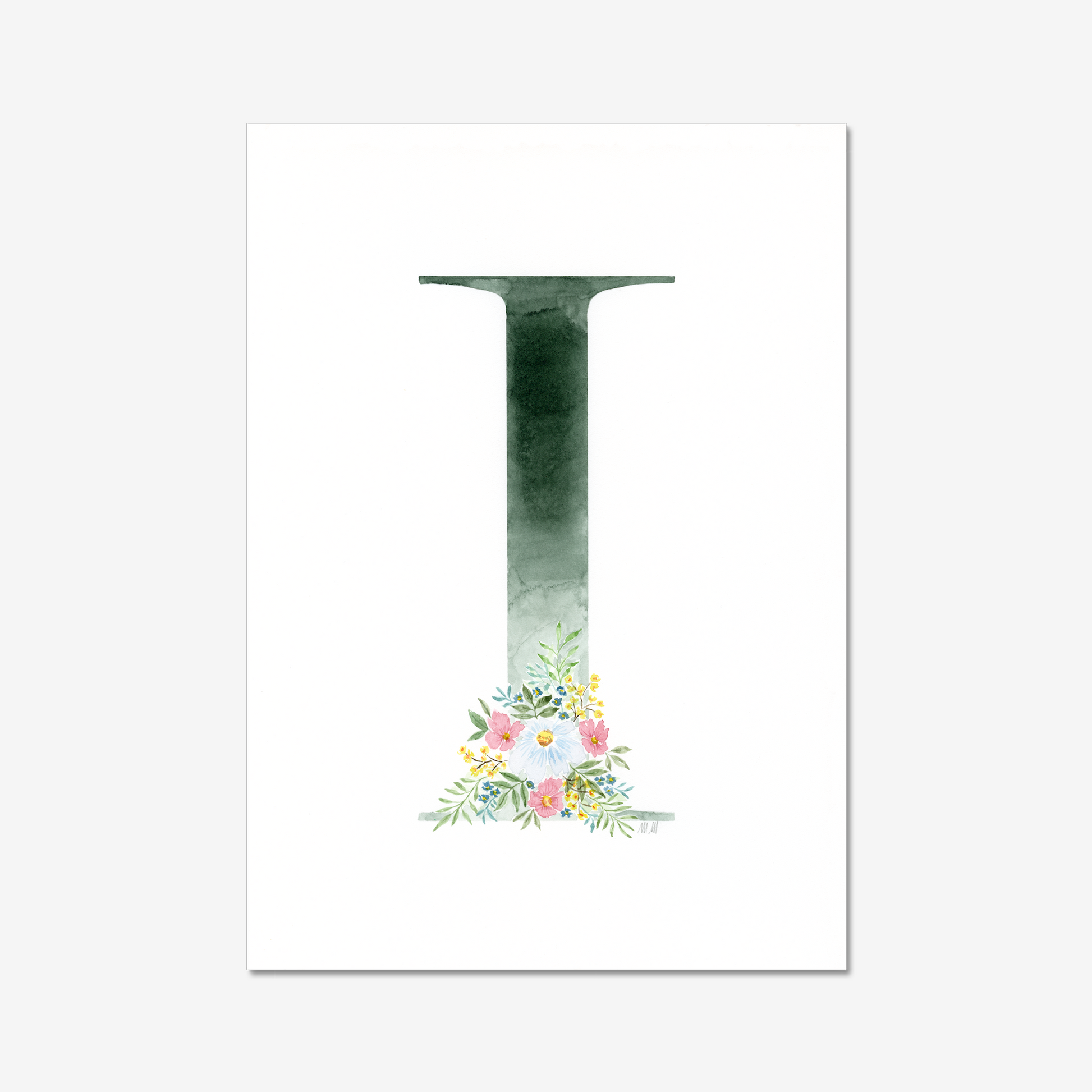 Letter 'I' with floral design on a white background. Made with watercolours.