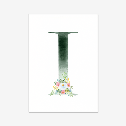 Letter 'I' with floral design on a white background. Made with watercolours.