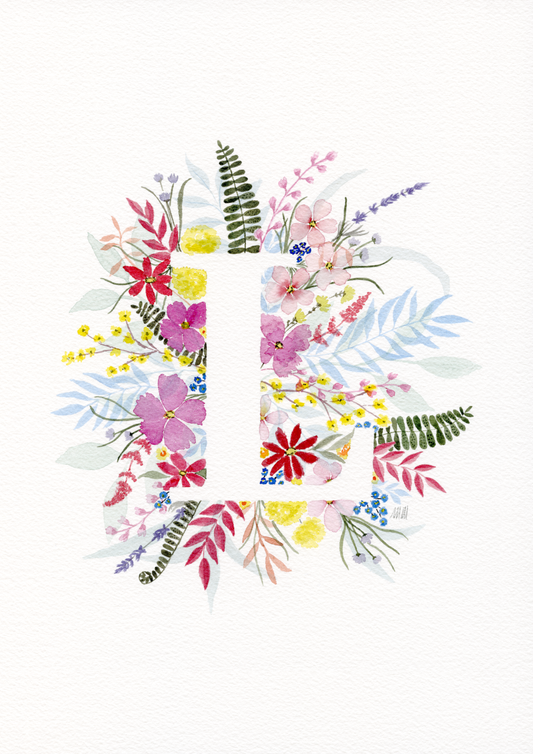 Letter 'L' made of colourful flowers and leaves on a white background. Made with watercolours.
