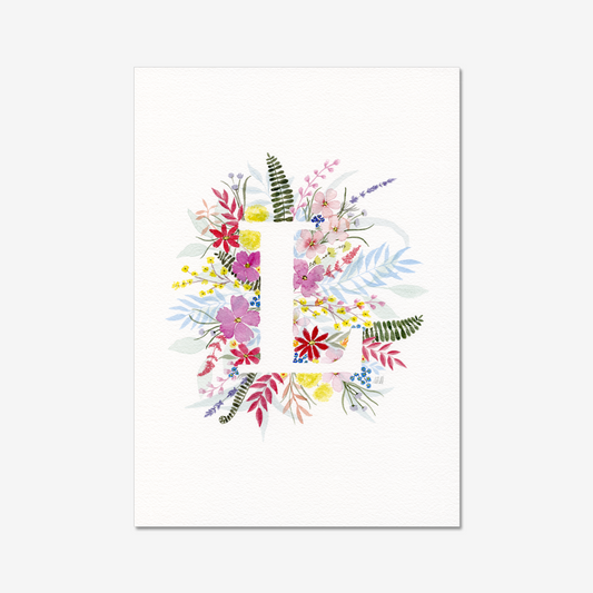 Colourful floral design on a white background with white letter L. Made with watercolours.