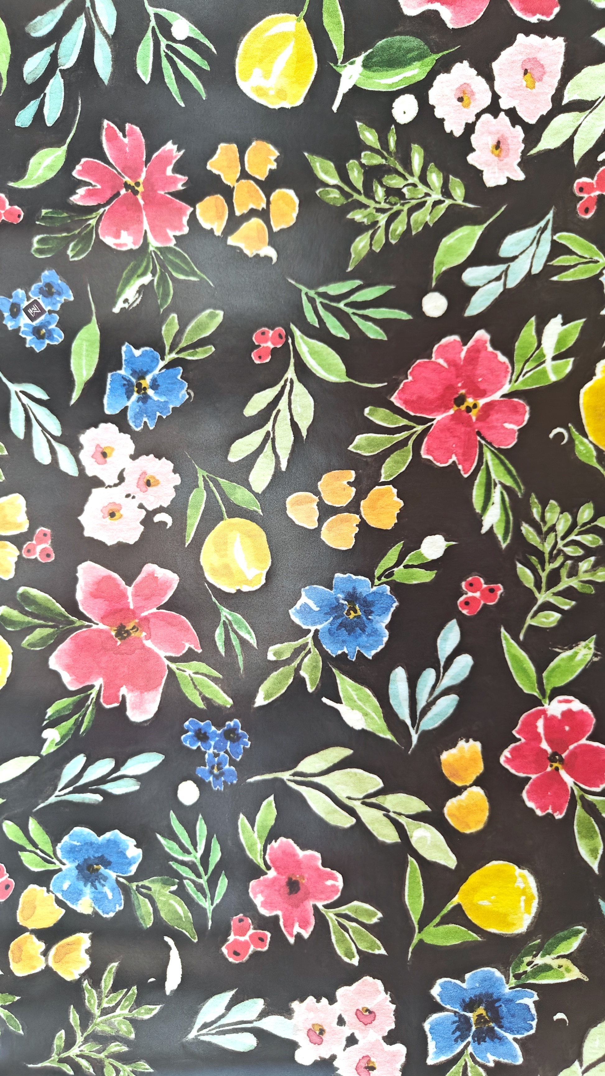 Floral pattern with colourful flowers and leaves on a black background wrapping paper.