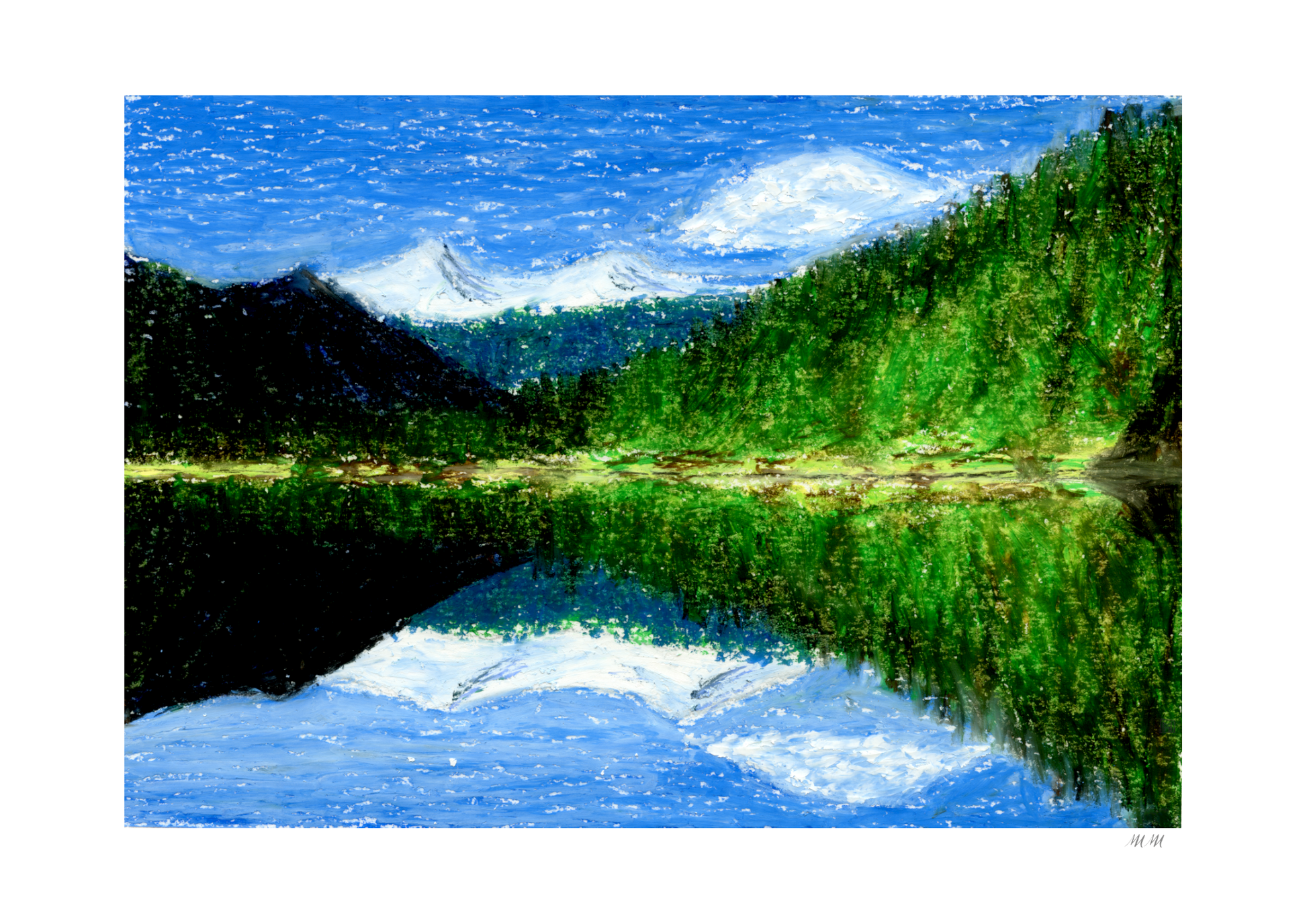 Artwork of a landscape with a lake, trees, forest, and mountains. Made with oil pastels.
