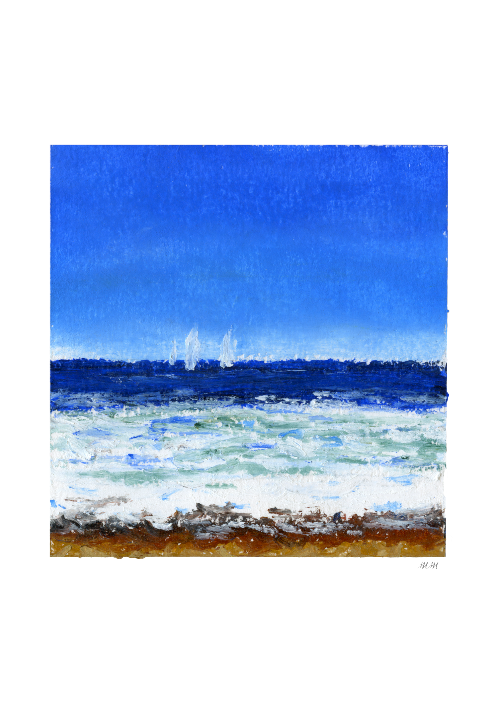 Art print of a coastal scene with blue sky and ocean with waves and sailboats. Made with oil pastels. 