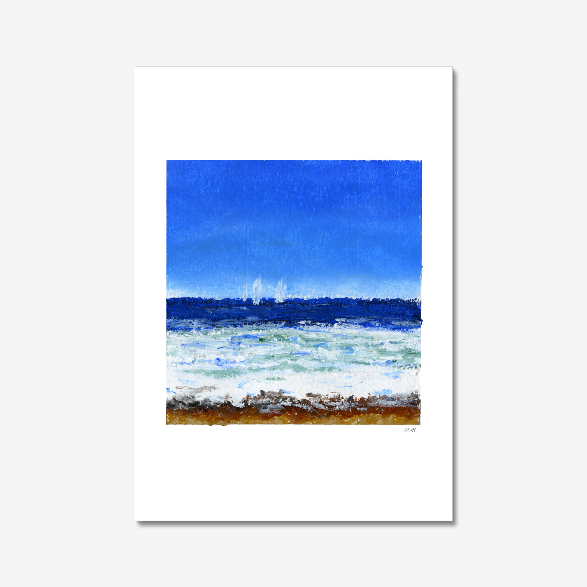 Art print of a coastal scene with blue sky and ocean with waves and sailboats. Made with oil pastels. 