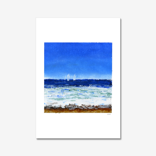 Art print of a coastal scene with blue sky and ocean with waves and sailboats. Made with oil pastels. 