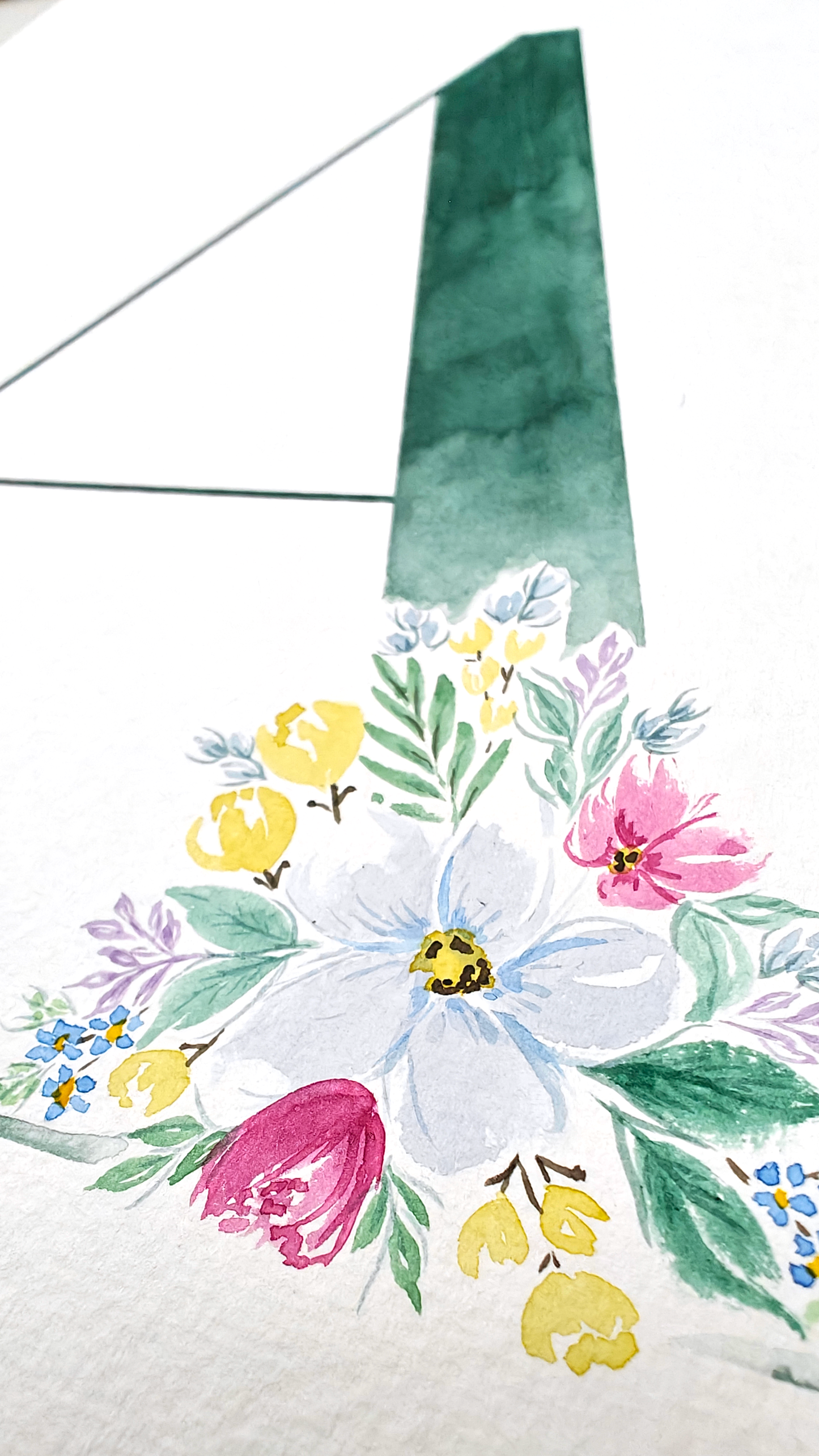 Detailed closeup of letter A with floral design with white flower, green leaves, and colourful flowers on a white background. Made with watercolours.